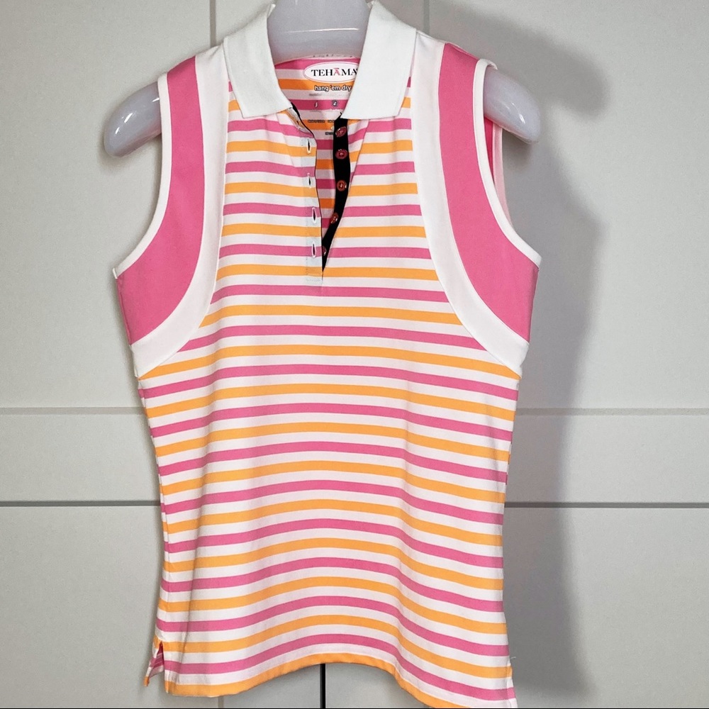 Tehama Golf Tennis Top Collared Striped Sleeveless Button Placket NWOT